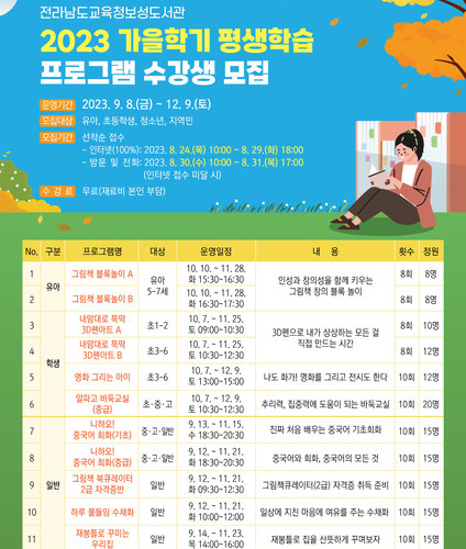 전라남도교육청보성도서관, 가을학기 평생학습 프로그램 수강생 모집